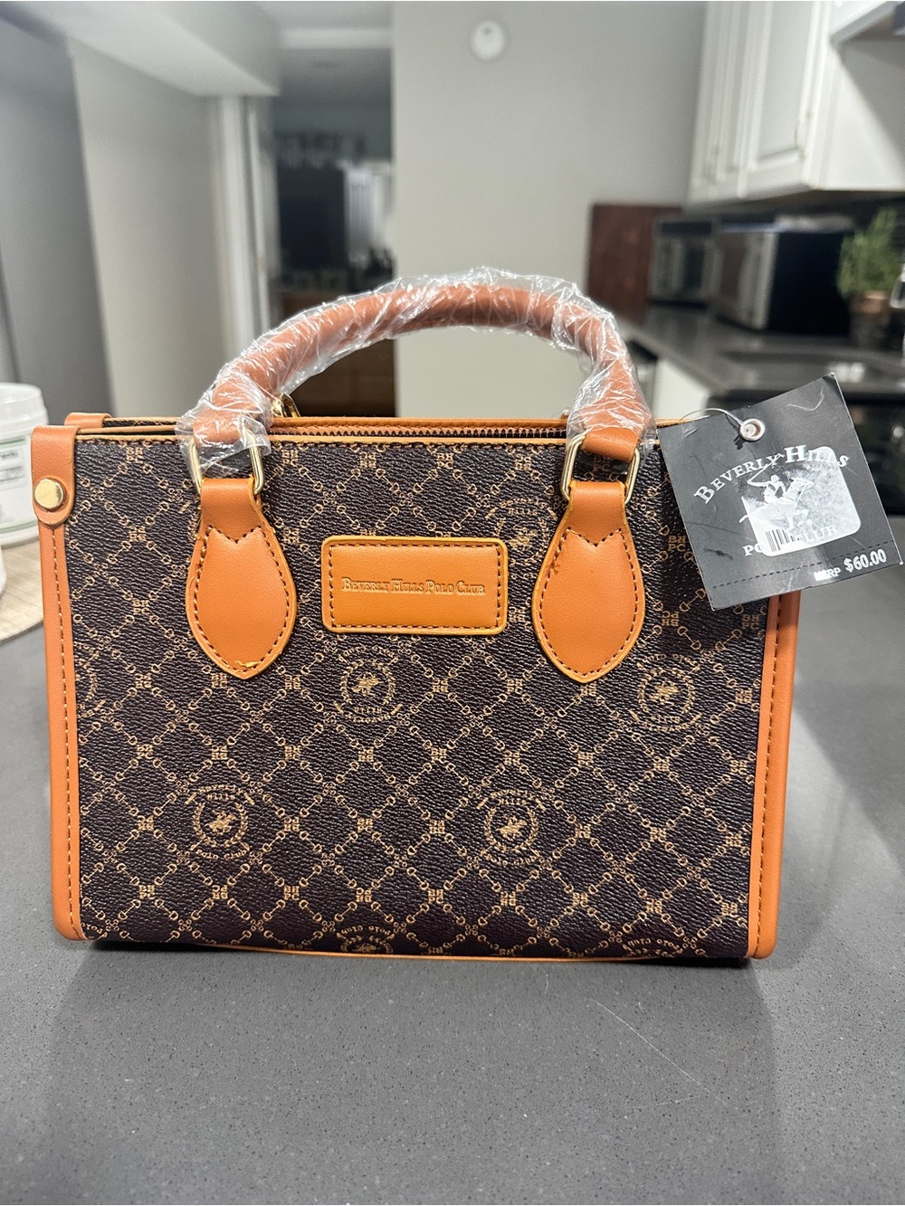 Brown Patterned Crossbody Bag with Tan Trim - Picture 2 of 7